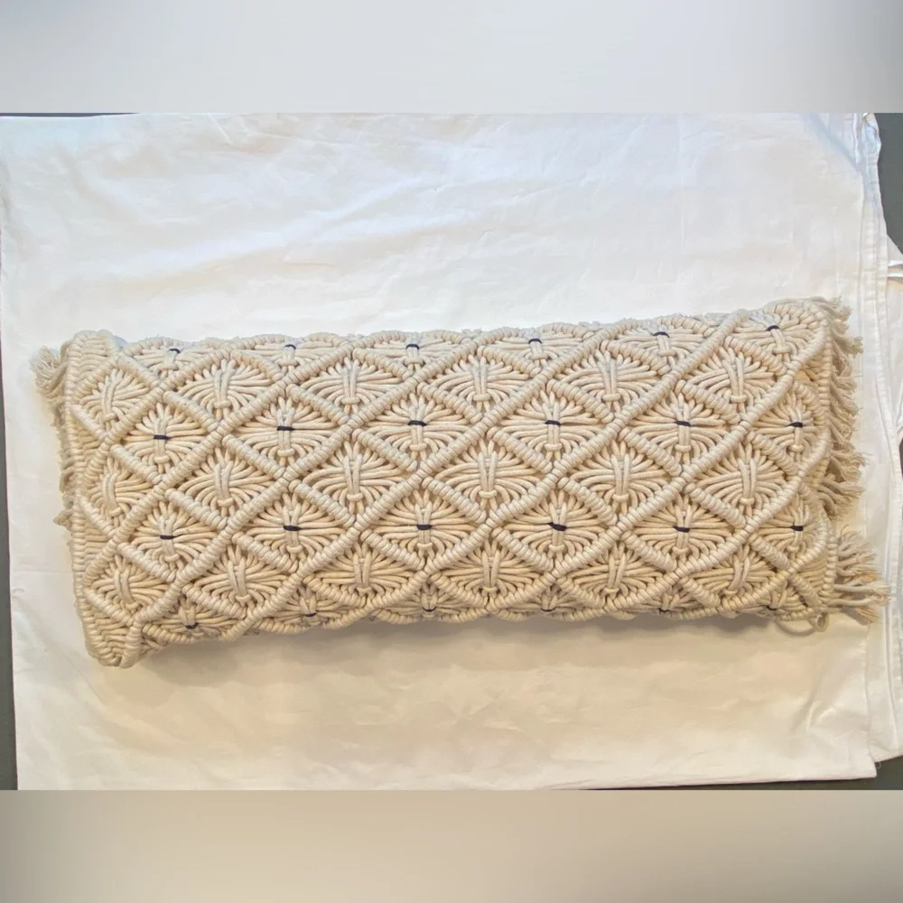 Macrame Lumbar Pillow, 27”‎ x 12”, natural color with blue detail